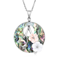 Abalone Shell, Pink Shell Pearl and Resin Flower Pendant Necklace 20 Inches in Stainless Steel