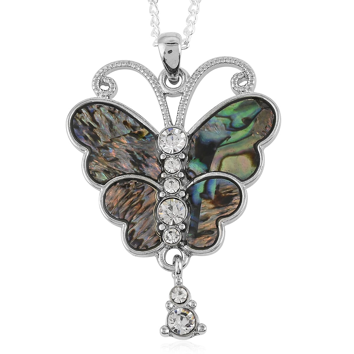 Abalone Shell and Austrian Crystal Butterfly Pendant Necklace