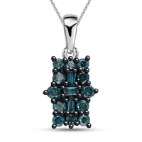 Blue Diamond Cluster Pendant Necklace in Rhodium and Platinum Plated Sterling Silver, Diamond Jewelry For Women, 18 Inches 0.50 ctw