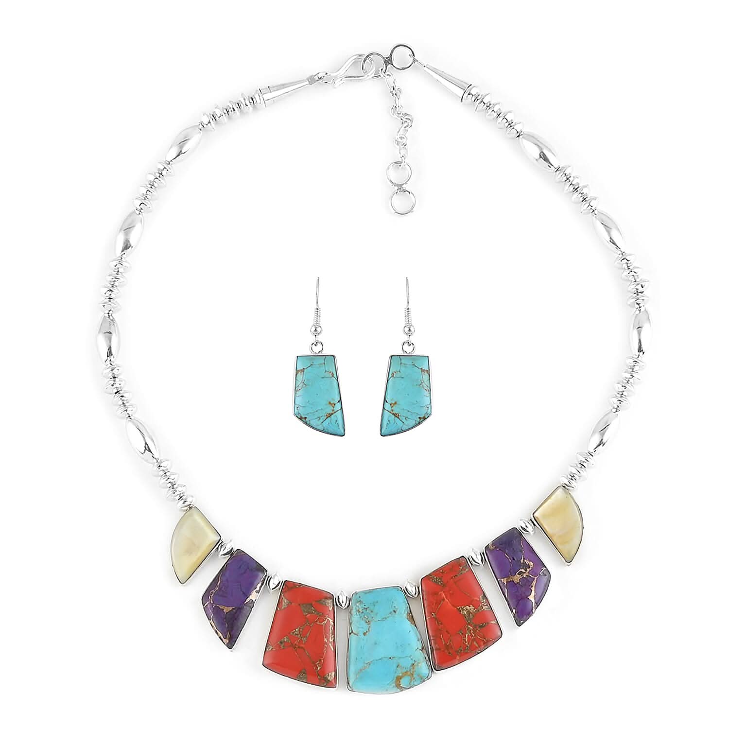 SANTA FE Style Multi Turquoise and Multi Gemstone Drop Earrings and Statement Necklace 16-18 Inches in Sterling Silver 10.50 ctw (1)