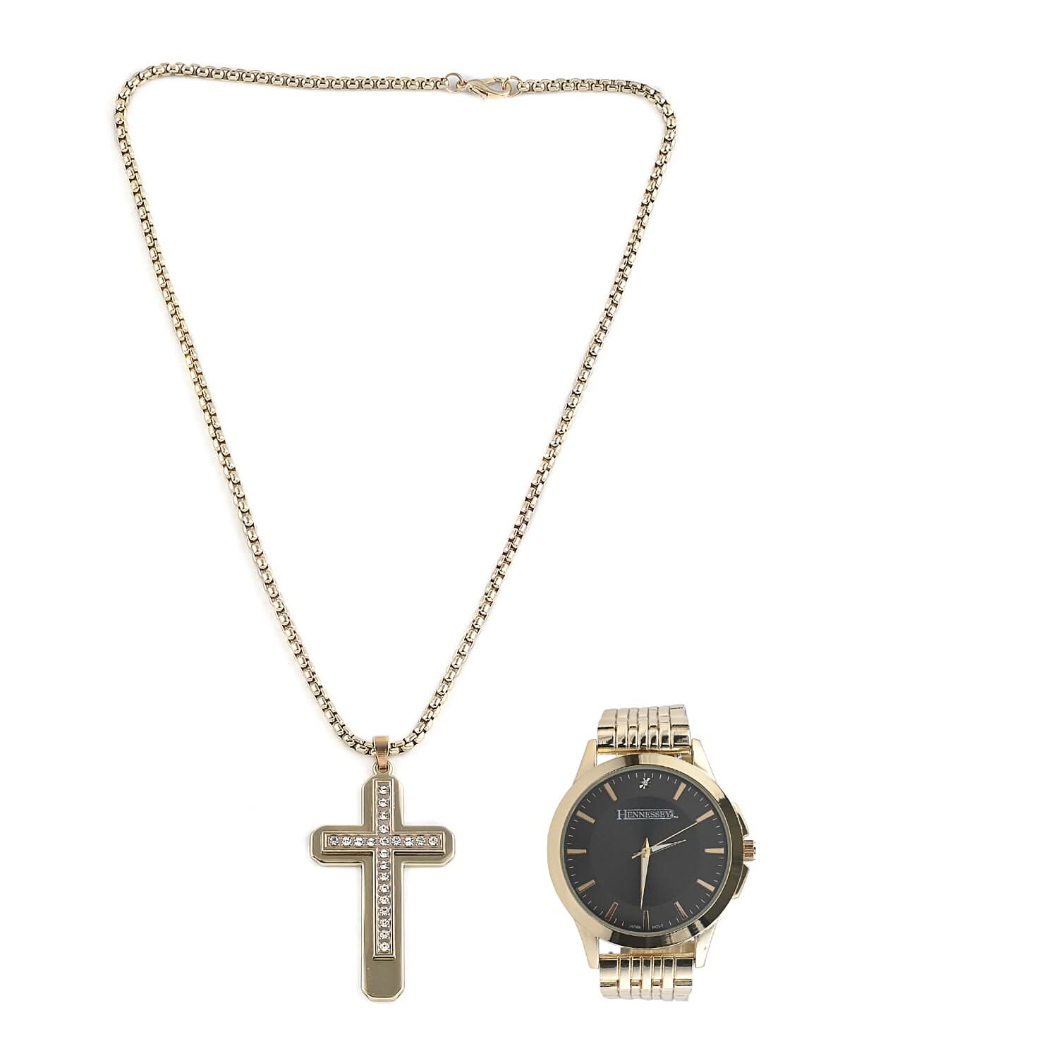 Hennessey Glass Crystal Watch and Black Faux Leather Band and ION Plated YG Stainless Steel Cross Pendant Necklace 18 Inches