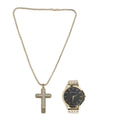 Hennessey Glass Crystal Watch and Black Faux Leather Band and ION Plated YG Stainless Steel Cross Pendant Necklace 18 Inches - Sticky add to cart bar