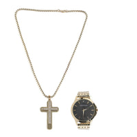 Hennessey Glass Crystal Watch and Black Faux Leather Band and ION Plated YG Stainless Steel Cross Pendant Necklace 18 Inches