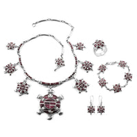 SANTA FE Style Turquoise Turtle Earrings, Ring Size 8, Bracelet 8.00 In and Necklace 24 Inches in Sterling Silver 226.8 Grams 16.40 ctw