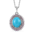 AMERICAN Natural Sleeping Beauty Turquoise and Pink Sapphire Double Halo Pendant Necklace 20 Inches in Platinum Over Sterling Silver 3.75 ctw - Sticky add to cart bar