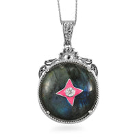 Malagasy Labradorite and White Zircon Pendant Necklace 20 Inches in Platinum Over Sterling Silver 34.15 ctw