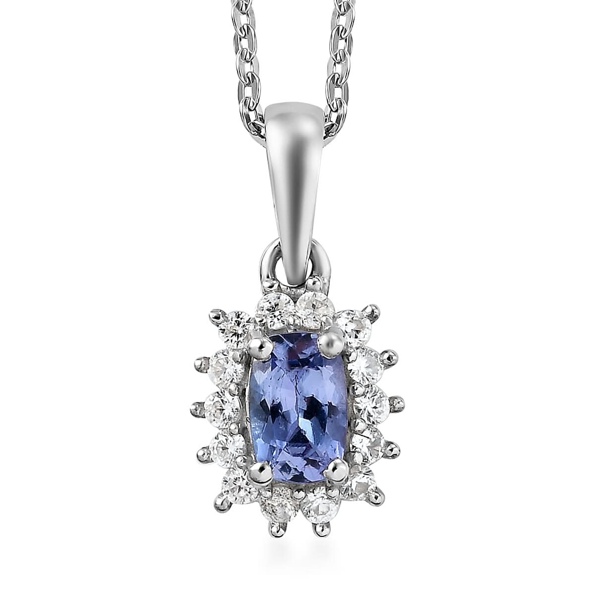 Tanzanite and Natural White Zircon Halo Pendant Necklace 20 Inches in Platinum Over Sterling Silver 1.15 ctw