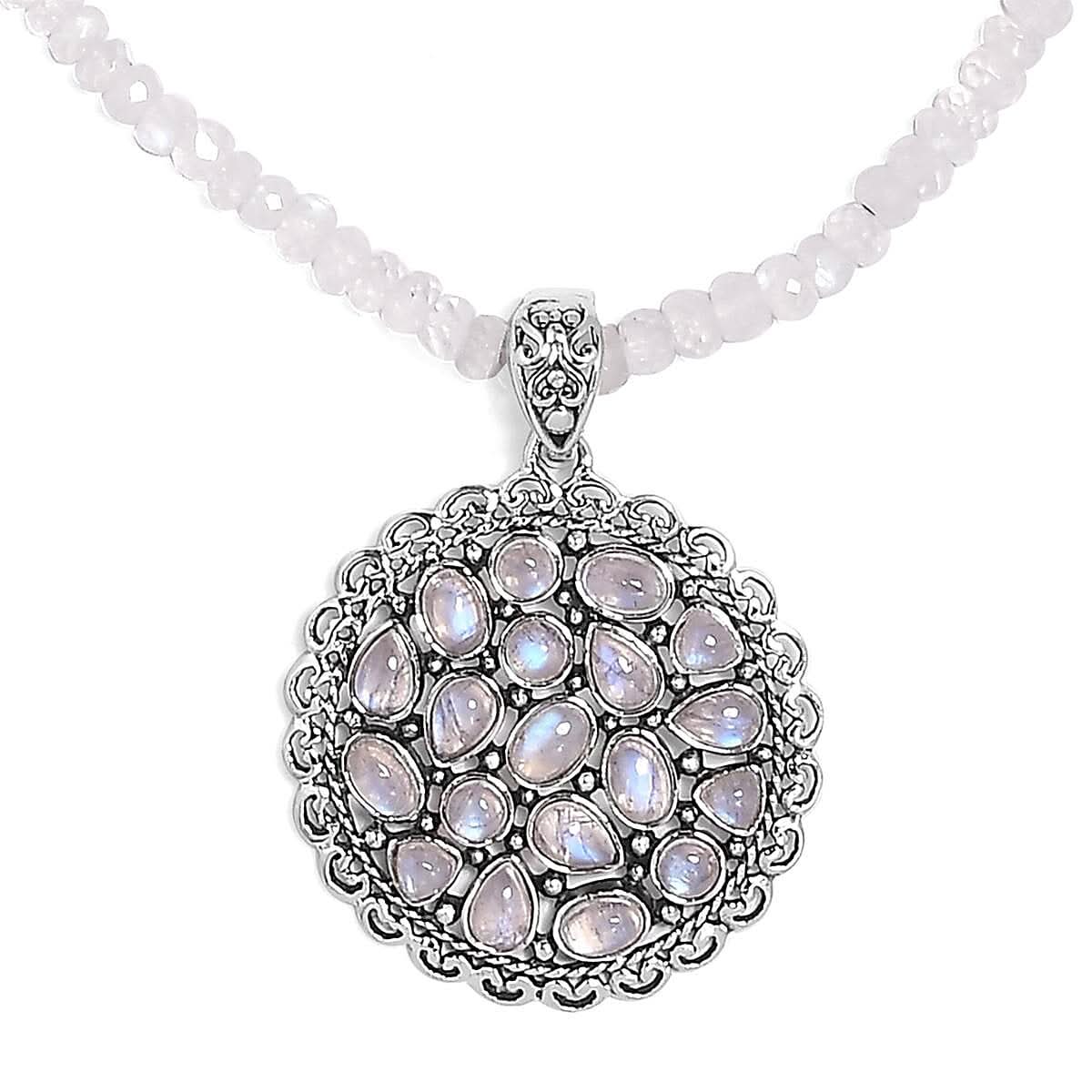 Artisan Crafted Kuisa Rainbow Moonstone Pendant with Beaded Necklace 20 Inches in Platinum Over Sterling Silver 85.40 ctw