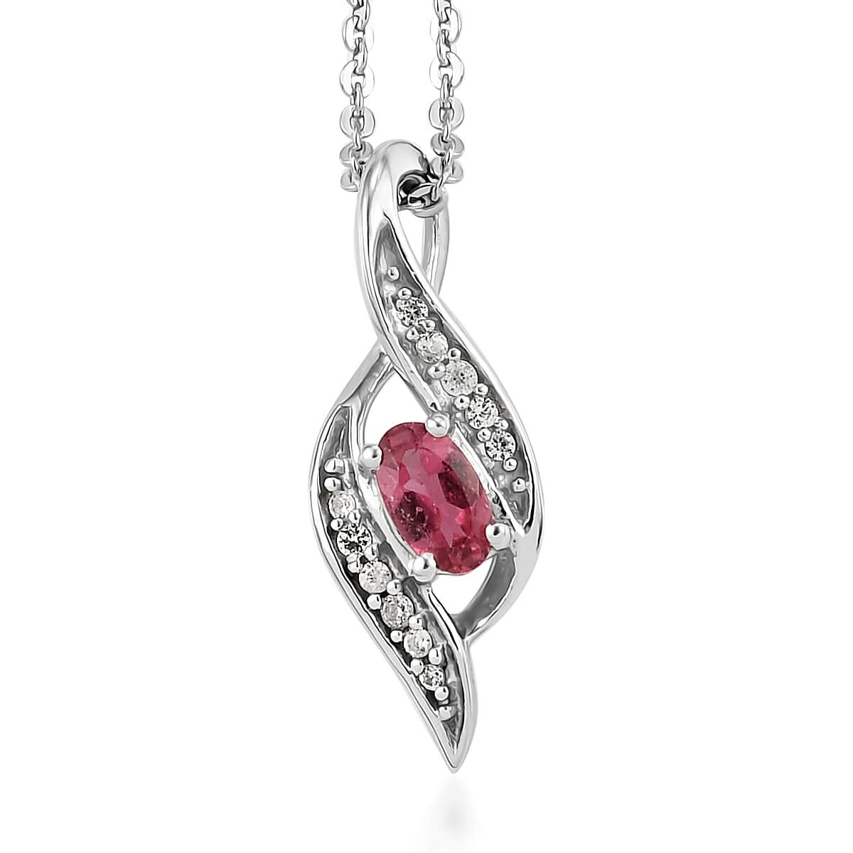 Ouro Fino Rubellite and White Zircon Pendant Necklace 20 Inches in Platinum Over Sterling Silver 0.30 ctw