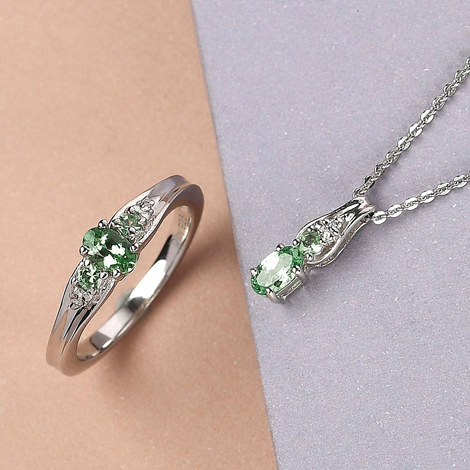 Natural Tsavorite Garnet and Diamond Accent Ring and Pendant Necklace 20 Inches in Platinum Over Sterling Silver 0.60 ctw