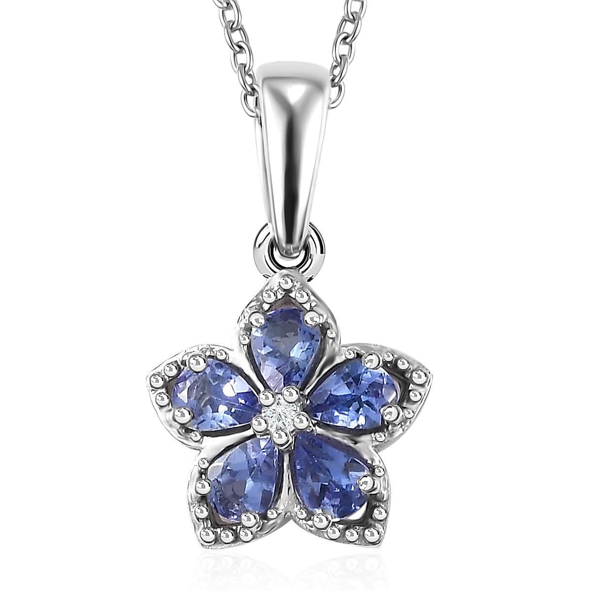 AAA Tanzanite and Natural White Zircon Floral Pendant Necklace 20 Inches in Platinum Over Sterling Silver 0.85 ctw