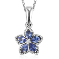 AAA Tanzanite and Natural White Zircon Floral Pendant Necklace 20 Inches in Platinum Over Sterling Silver 0.85 ctw