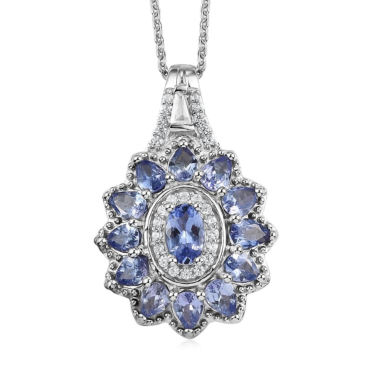 Tanzanite and Natural White Zircon Floral Pendant Necklace 20 Inches in Platinum Over Sterling Silver 2.35 ctw