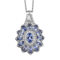 Tanzanite and Natural White Zircon Floral Pendant Necklace 20 Inches in Platinum Over Sterling Silver 2.35 ctw