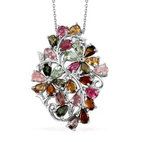 Multi-Tourmaline Floral Pendant Necklace 20 Inches in Platinum Over Sterling Silver 5.35 ctw