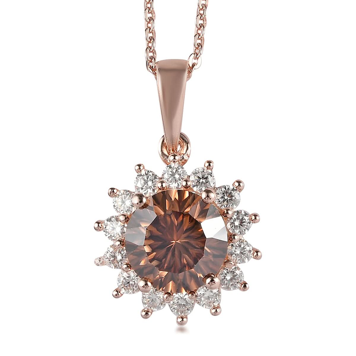 Concave Cut Champagne and White Moissanite Sunburst Pendant Necklace 20 Inches in Vermeil Rose Gold Over Sterling Silver 2.60 ctw