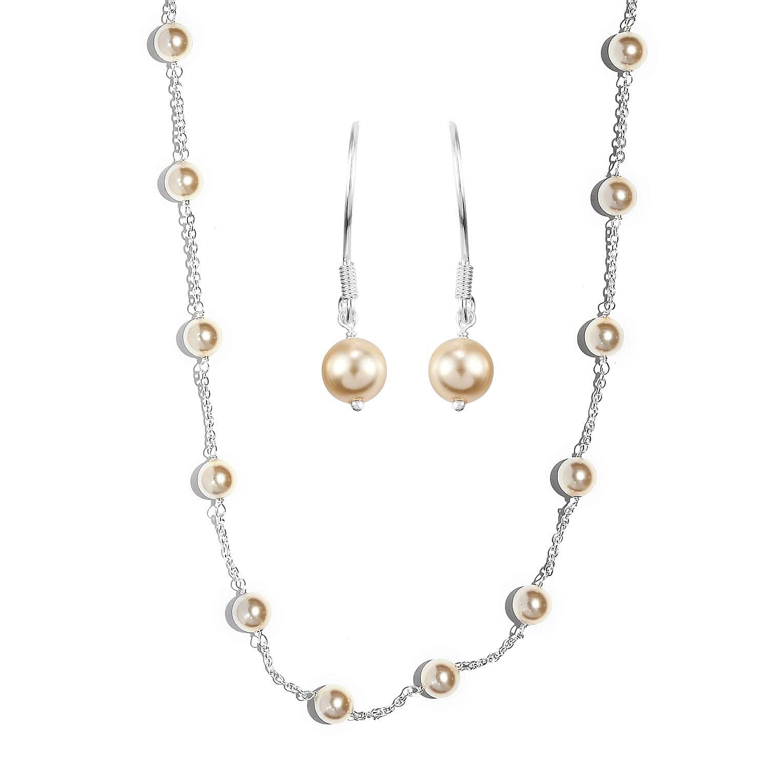 Light Gold Pearl Crystal Station Necklace 20 Inches and Earrings in Sterling Silver