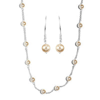 Light Gold Pearl Crystal Station Necklace 20 Inches and Earrings in Sterling Silver