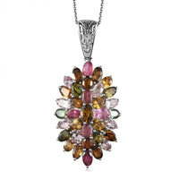 Multi-Tourmaline Floral Spray Pendant Necklace 20 Inches in Platinum Over Sterling Silver 7.65 ctw