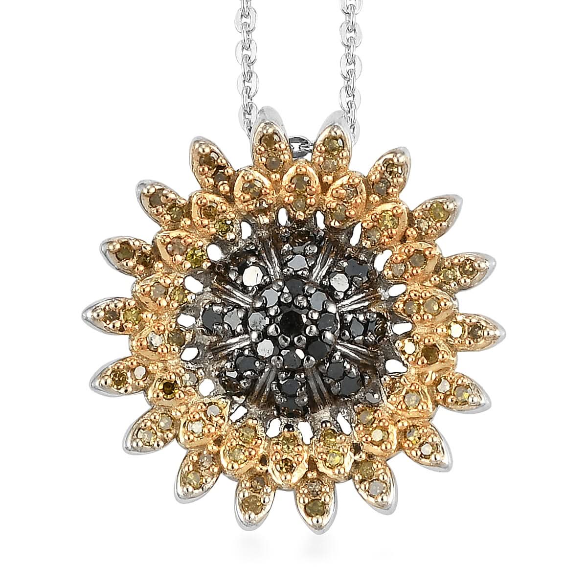 GP Italian Garden Collection Black and Yellow Diamond Floral Pendant Necklace 20 Inches in Rhodium and Platinum Over Sterling Silver 0.50 ctw