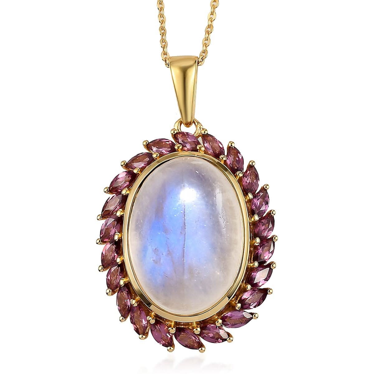 Kuisa Rainbow Moonstone and Orissa Rhodolite Garnet Halo Pendant Necklace 20 Inches in Vermeil Yellow Gold Over Sterling Silver 8.65 ctw