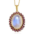 Kuisa Rainbow Moonstone and Orissa Rhodolite Garnet Halo Pendant Necklace 20 Inches in Vermeil Yellow Gold Over Sterling Silver 8.65 ctw - Sticky add to cart bar