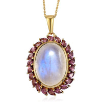 Kuisa Rainbow Moonstone and Orissa Rhodolite Garnet Halo Pendant Necklace 20 Inches in Vermeil Yellow Gold Over Sterling Silver 8.65 ctw