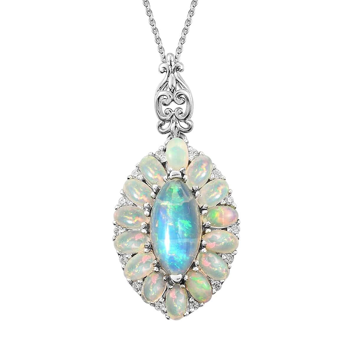 Premium Ethiopian Welo Opal and White Zircon Halo Pendant Necklace 20 Inches in Platinum Over Sterling Silver 4.50 ctw