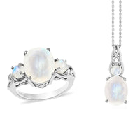 Moon Glow Moonstone Ring and Pendant Necklace 20 Inches in Platinum Over Sterling Silver 7.75 Grams 7.70 ctw