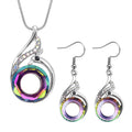 Simulated Purple Mystic Color Glass and Multi Color Austrian Crystal Peacock Earrings and Pendant Necklace 20-22 Inches in Silvertone - Sticky add to cart bar