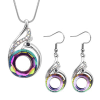 Simulated Purple Mystic Color Glass and Multi Color Austrian Crystal Peacock Earrings and Pendant Necklace 20-22 Inches in Silvertone