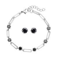 Simulated Diamond Paper Clip Chain Bracelet (7.5-9.0In) and Solitaire Stud Earrings in Stainless Steel 6.70 ctw