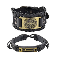 Set of 2 Brown Color Genuine Leather and Dualtone Adjustable Bracelet
