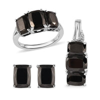 Elite Shungite Stud Earrings, 3 Stone Ring Size 10.0 and Pendant Necklace 20 Inches in Platinum Over Sterling Silver 5.85 ctw