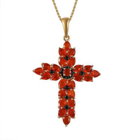 Crimson Fire Opal, Thai Black Spinel 2.85 ctw Cross Pendant Necklace in Vermeil YG Over Sterling Silver 20 Inches