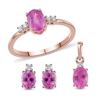 TLV Ilakaka Hot Pink Sapphire, White Zircon Stud Earrings, Ring (Size 5.0) and Pendant in Vermeil RG Over Sterling Silver 3.50 ctw