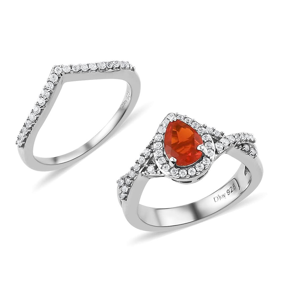 Set of 2 Crimson Fire Opal, Natural White Zircon Ring in Platinum Over Sterling Silver (Size 5.0) 0.90 ctw