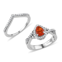 Set of 2 Crimson Fire Opal, Natural White Zircon Ring in Platinum Over Sterling Silver (Size 5.0) 0.90 ctw