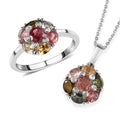 Multi-Tourmaline and Natural White Zircon Floral Ring (Size 7.0) and Floral Pendant Necklace 20 Inches in Platinum Over Sterling Silver 2.85 ctw - Sticky add to cart bar