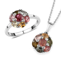 Multi-Tourmaline and Natural White Zircon Floral Ring (Size 7.0) and Floral Pendant Necklace 20 Inches in Platinum Over Sterling Silver 2.85 ctw
