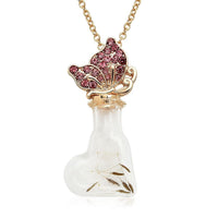 Pink Austrian Crystal and Glass Pot with Butterfly Pendant Necklace 24-26 Inches in Goldtone