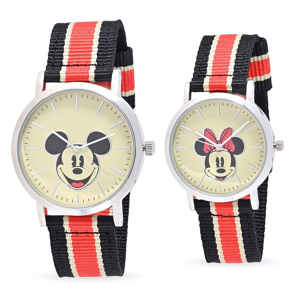 DISNEY Set of 2 Japanese Movement Mickey and Minnie Face Watch with Nylon Vintage Stripe Strap (44mm, 7-9) (34mm, 6-8) , Designer Nylon Straps Watch , Analog Luxury Wristwatch