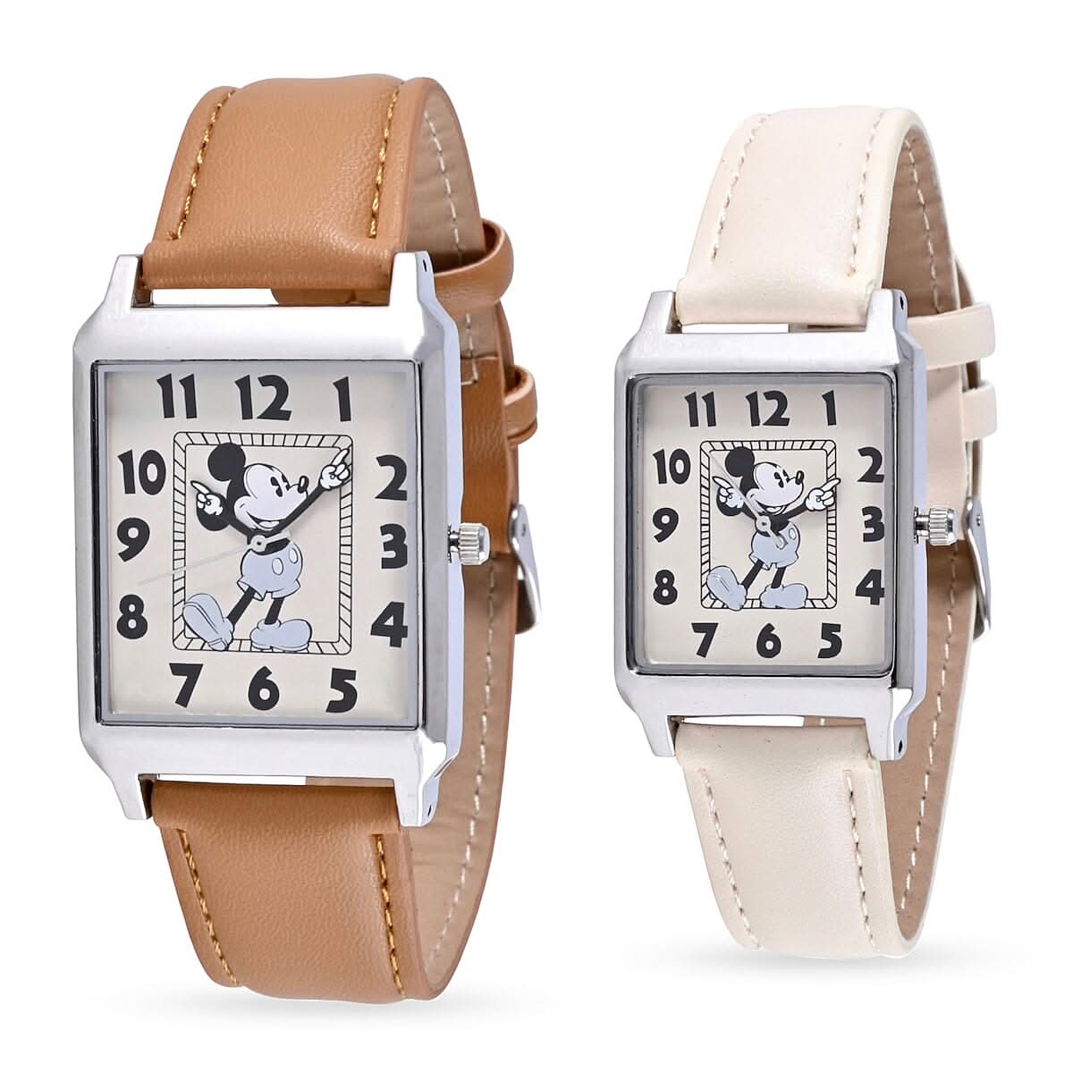 DISNEY Set of 2 Japanese Movement Mickey and Minnie Vintage Style Watch with Brown Vegan Leather (30X33mm. 7-9) & Cream Vegan Leather (25x28mm, 6-8)