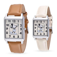 DISNEY Set of 2 Japanese Movement Mickey and Minnie Vintage Style Watch with Brown Vegan Leather (30X33mm. 7-9) & Cream Vegan Leather (25x28mm, 6-8)
