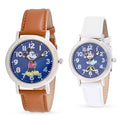 DISNEY Set of 2 Japanese Movement Mickey and Minnie Blue Dial Hands Watch with Brown Vegan Leather (42mm, 7-9) & White Vegan Leather (32mm, 6-8) - Sticky add to cart bar
