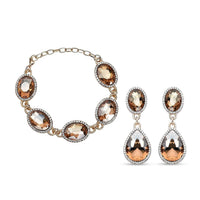 Simulated Champagne Quartz and Austrian Crystal Link Bracelet (7.0-9.0In) and Earrings in Goldtone