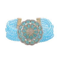 Champagne Aurora Borealis Glass and Austrian Crystal Beaded Multi Strand Bracelet with Simulated Dark Champagne Cat's Eye Brooch in Goldtone (7.5-9.50In) 6.00 ctw