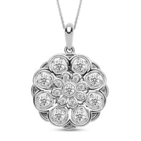 Simulated Diamond Daisy Flower Inspired Spinner Pendant Necklace 20 Inches in Rhodium Over Sterling Silver and Stainless Steel 0.90 ctw