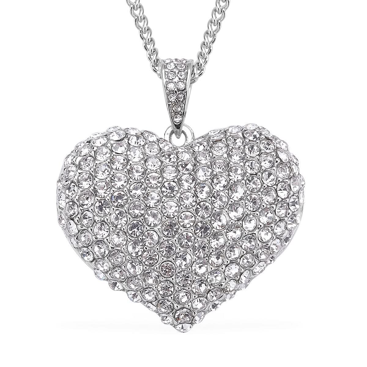 White Austrian Crystal Heart Pendant Necklace 29-31 Inches in Silvertone