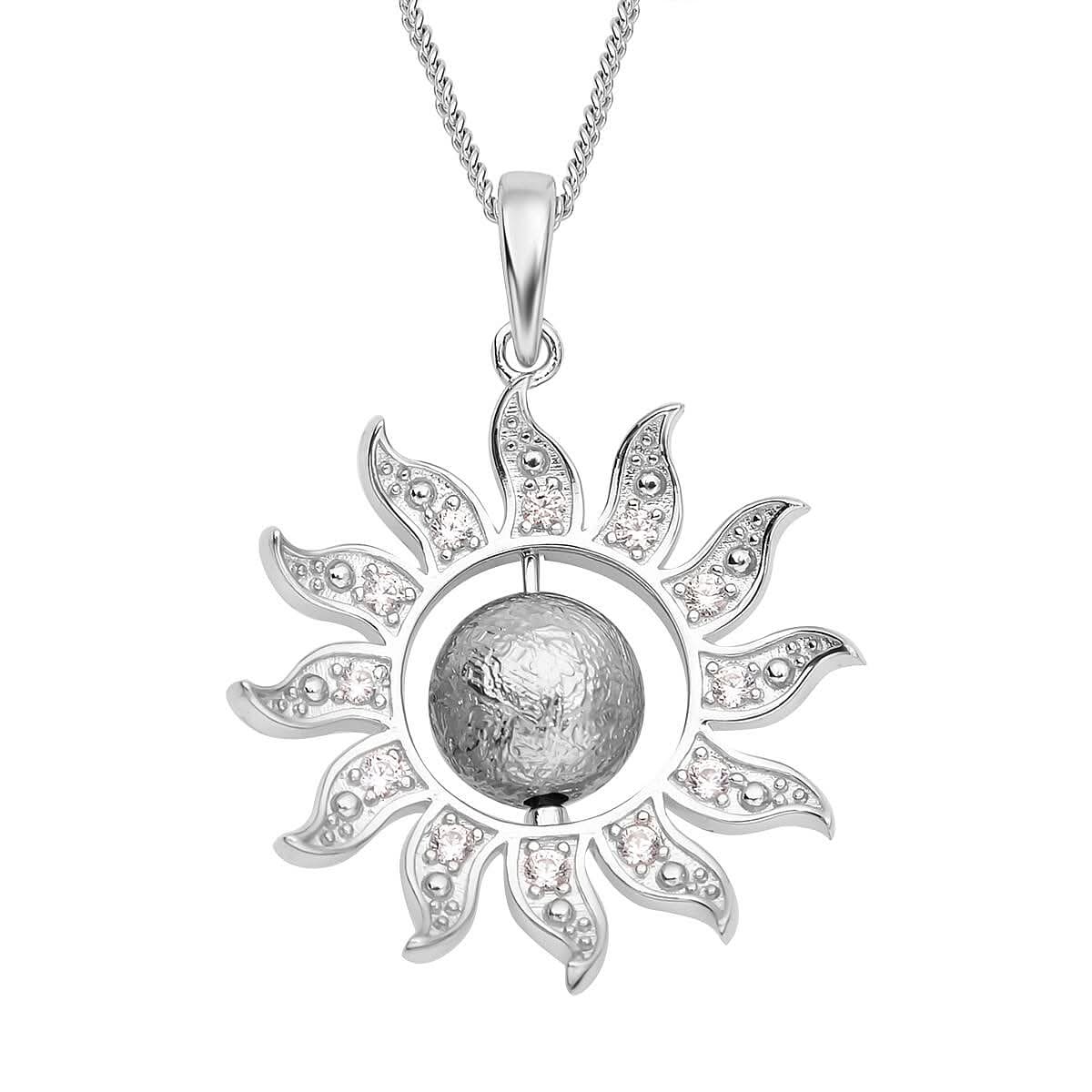 Marvelous Meteorites and White Zircon Sun Pendant Necklace 18 Inches in Rhodium Over Sterling Silver 0.30 ctw